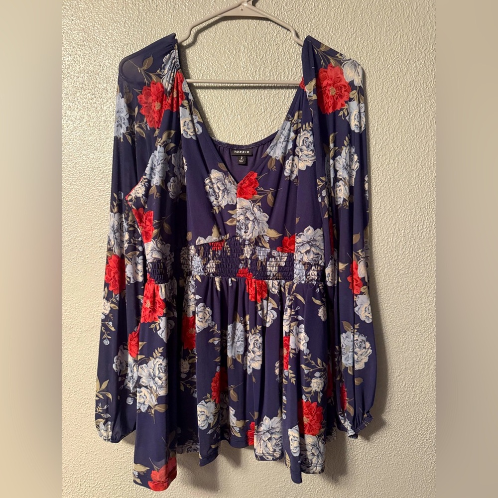 Torrid Blue Blouse with Red and Light Blue Floral Pattern